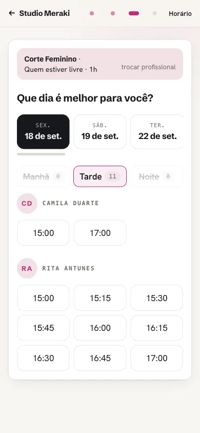 Horários disponíveis por profissional, separados por manhã, tarde e noite