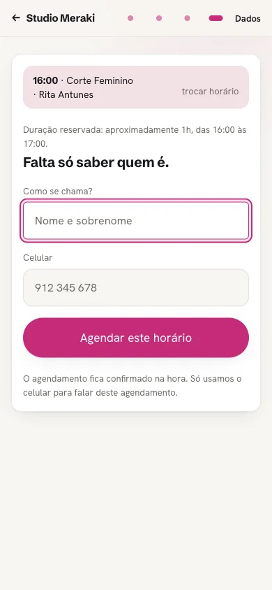 Último passo da marcação, com nome e celular